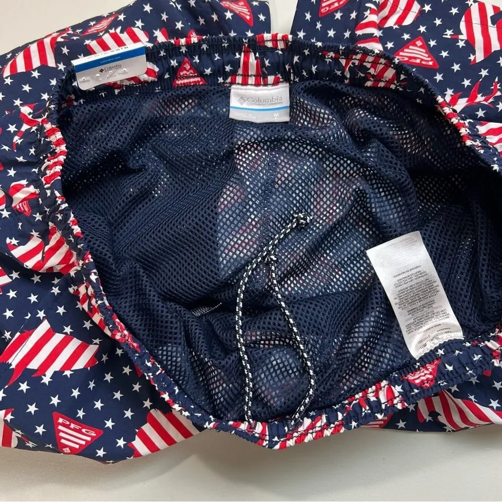 NWT Columbia PFG Clearwater Shores Patriotic Fish 6” Swim Trunks Shorts Medium